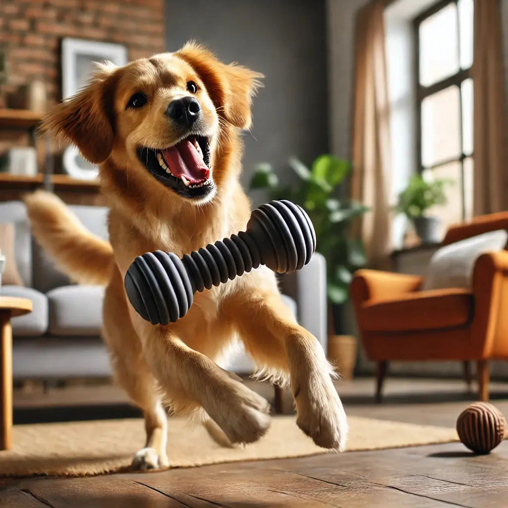 Chien heureux courant pour attraper sont jouet à mâcher
