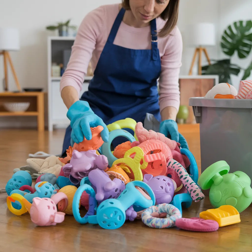 Femme nettoyant des jouets de chat en plastique et en tissu